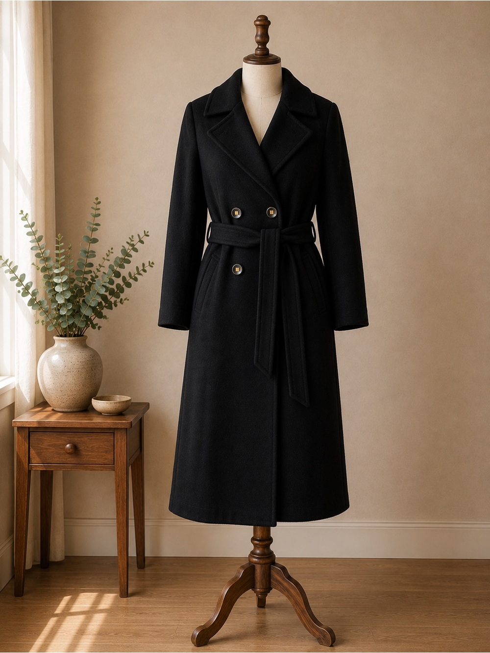 Vintage Fox Run Black Wool Long Belted Coat Made in Canada Double Breasted 8/10